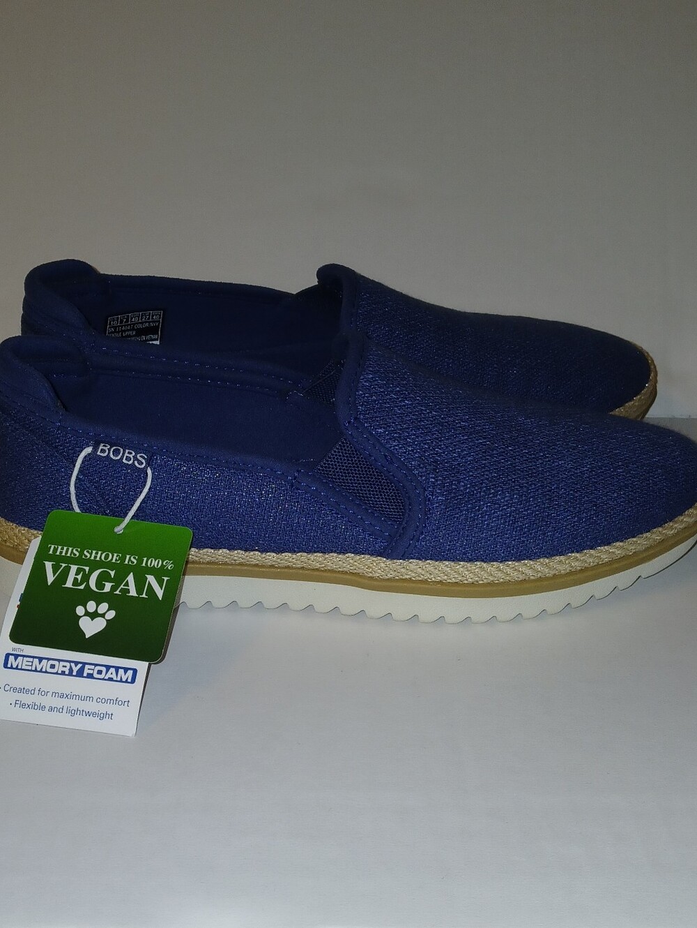 Vegan BOBS Skechers Flexpadrille Lo Shiny Spritz Canvas Slip On, Blue / Jute